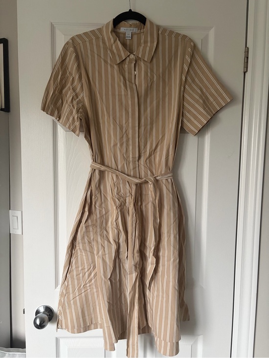 Kit and Ace Dresses & Skirts - Kit and Ace Beige and White Striped Midi Shirt Dress with Belt